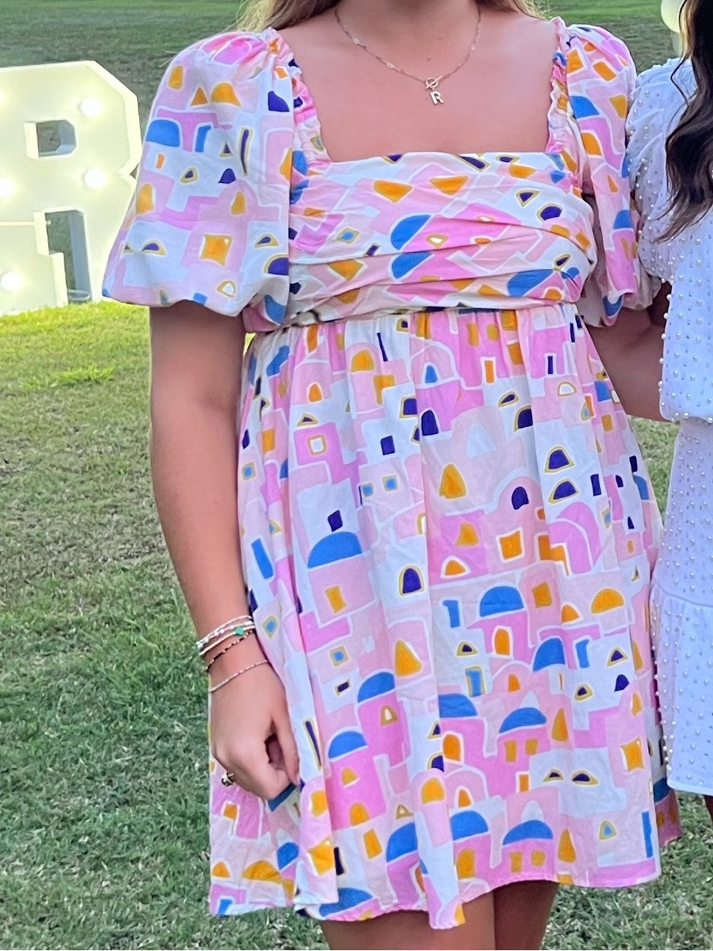 CROSBY Pink Geometric Santorini Puff Sleeve Mini Dress